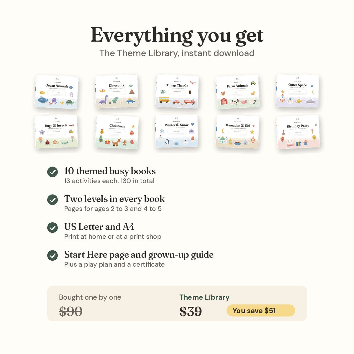Everything you get with the Theme Library: 10 books, 130 activities, $39 instead of $90