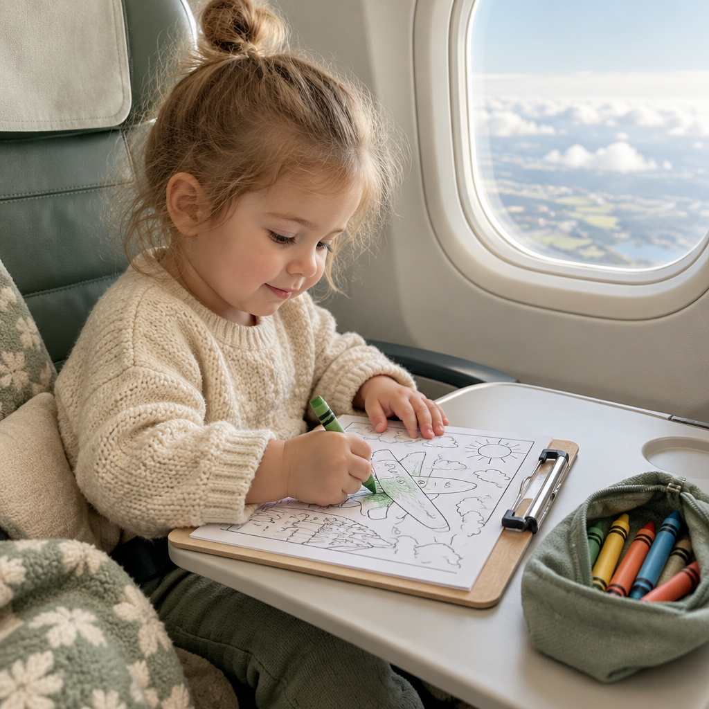 Toddler coloring on a plane tray table