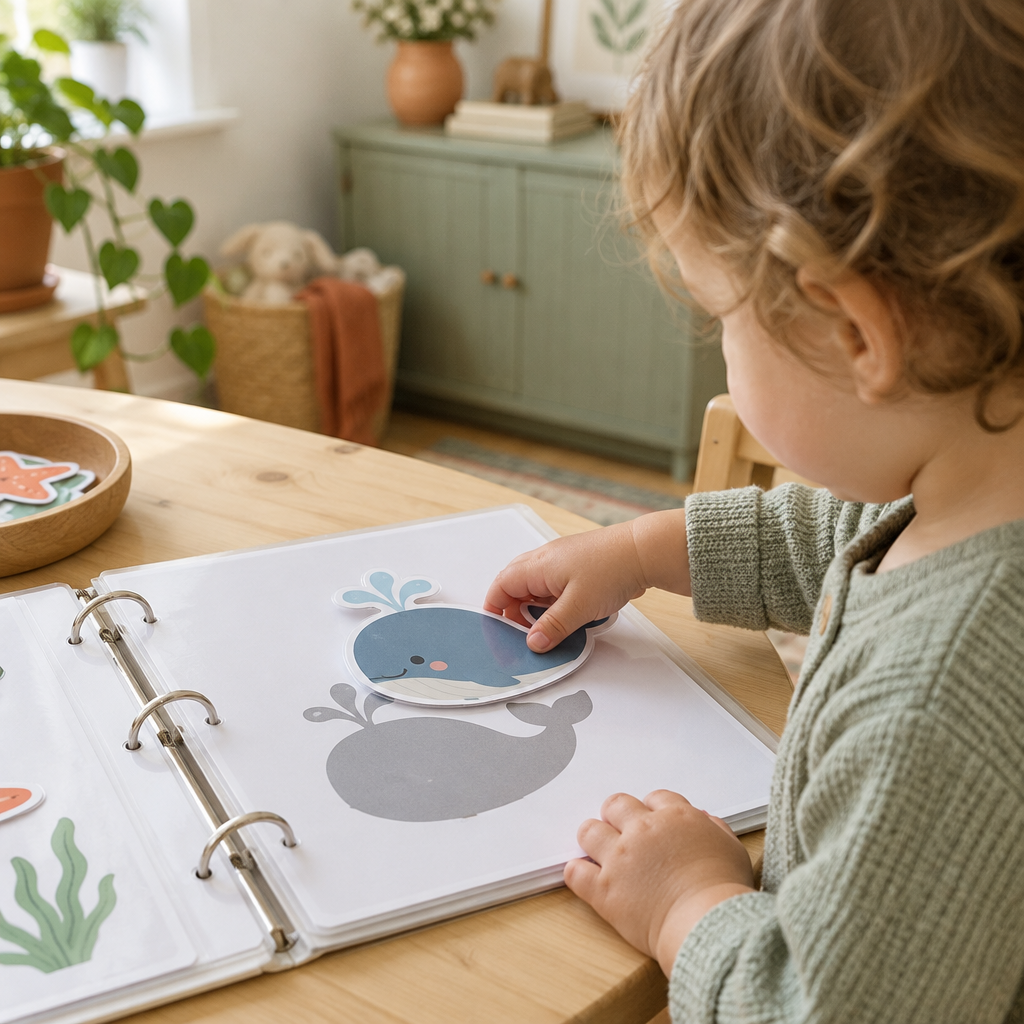 Toddler matching a whale piece