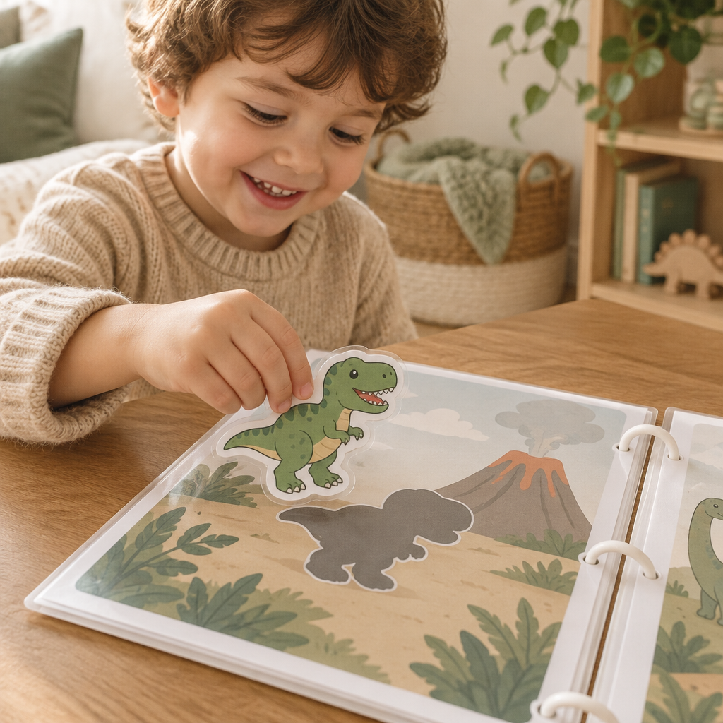 Preschooler matching a T-rex piece