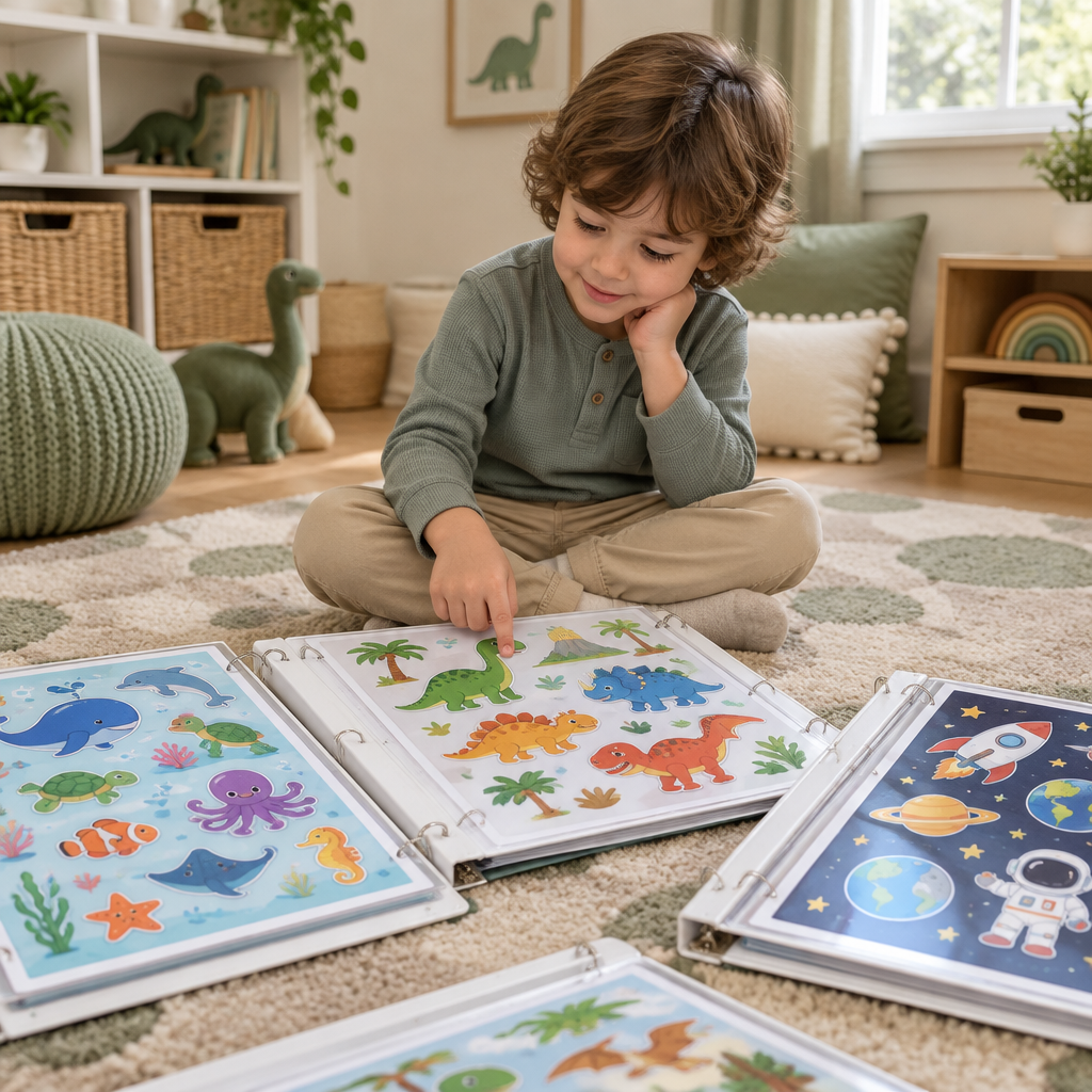 Child choosing between themed busy books
