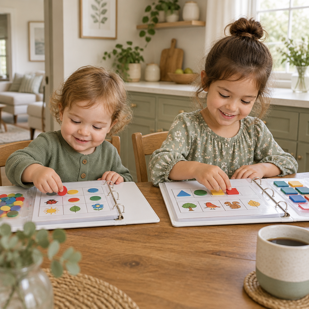 Siblings each playing with their own busy book