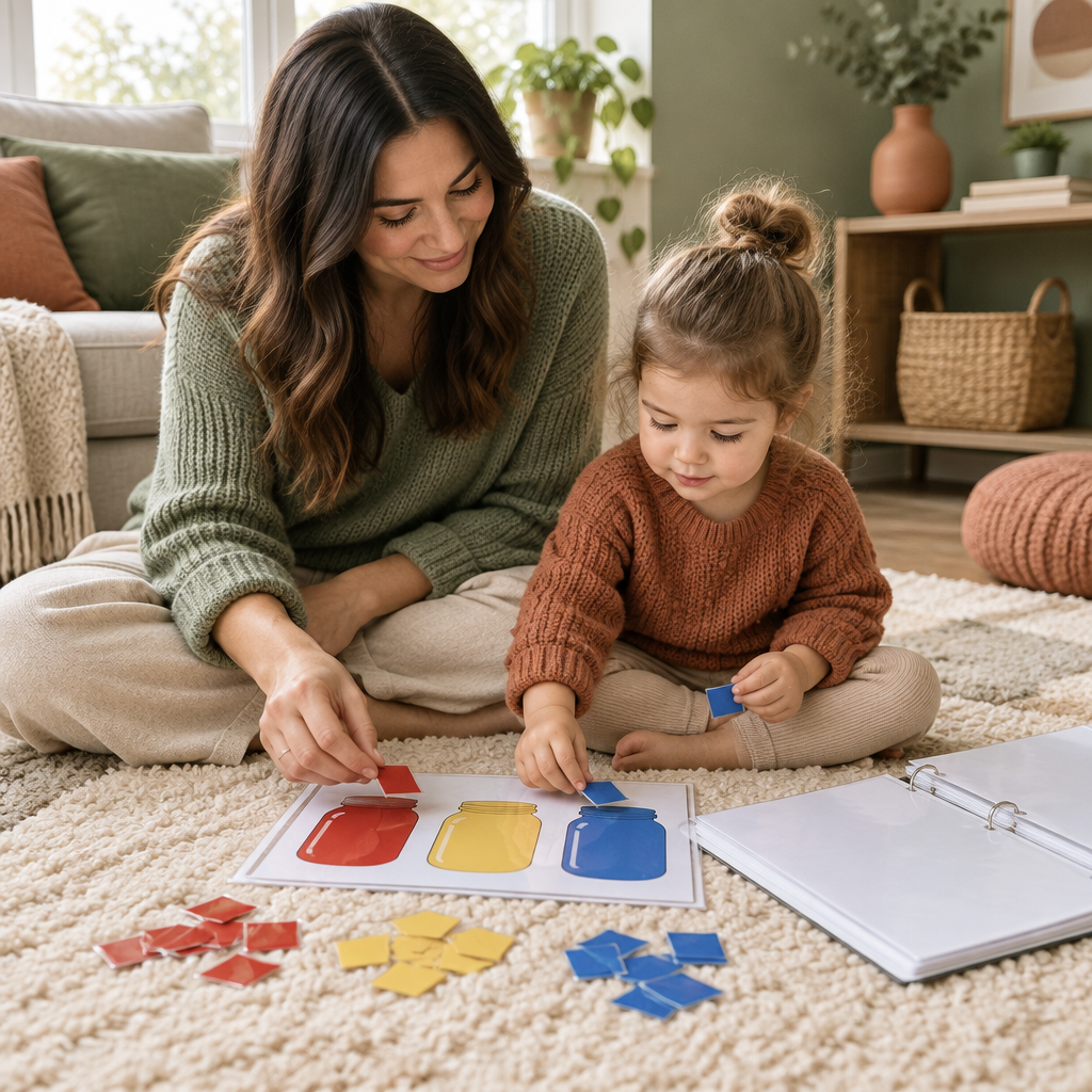 Parent and toddler sorting pieces by color