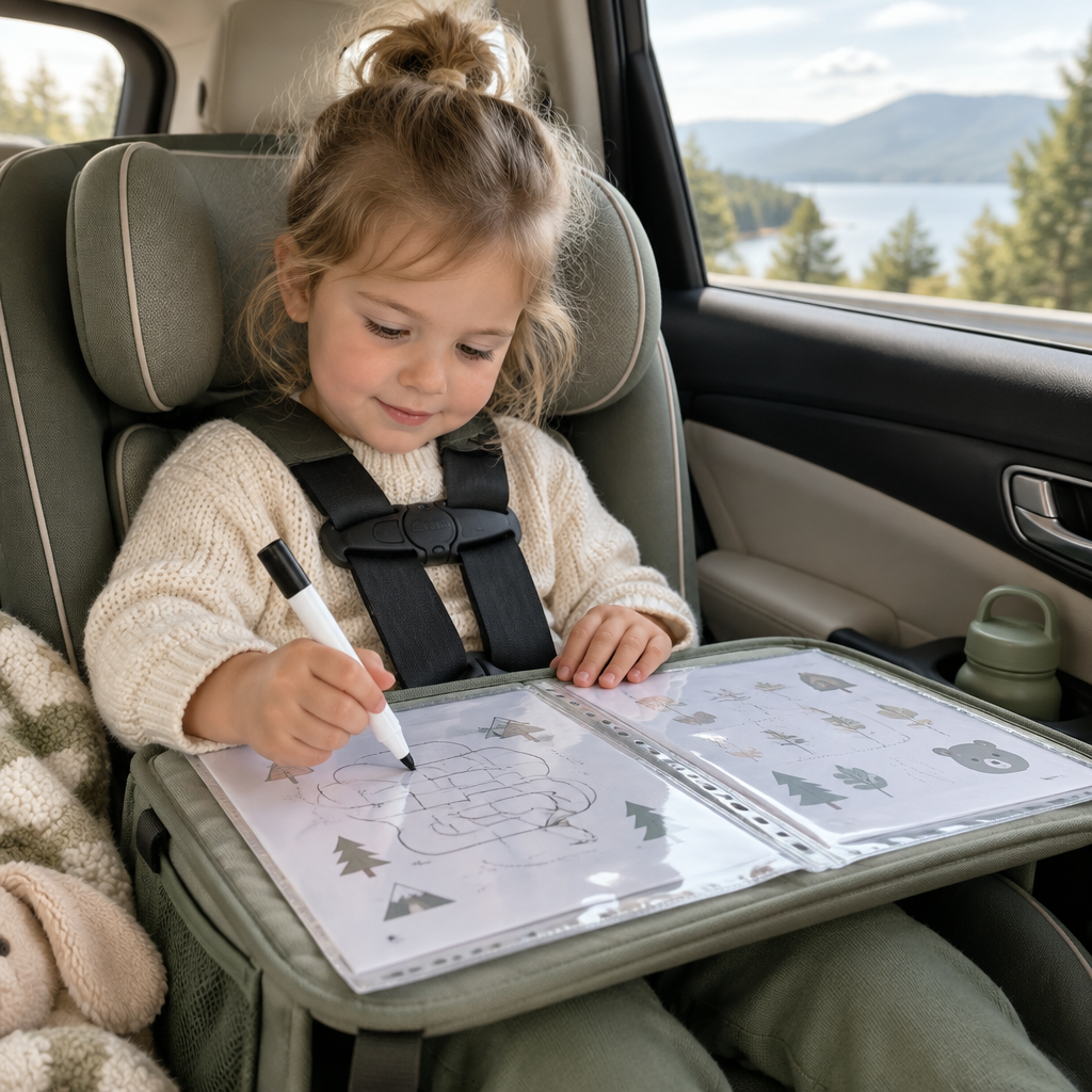 Toddler in a car seat with reusable pages