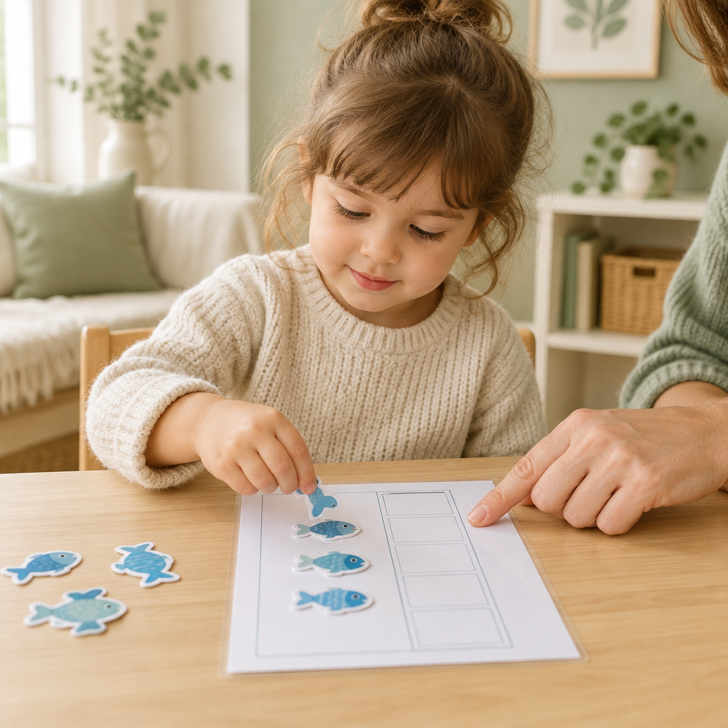 Child counting fish pieces with a parent