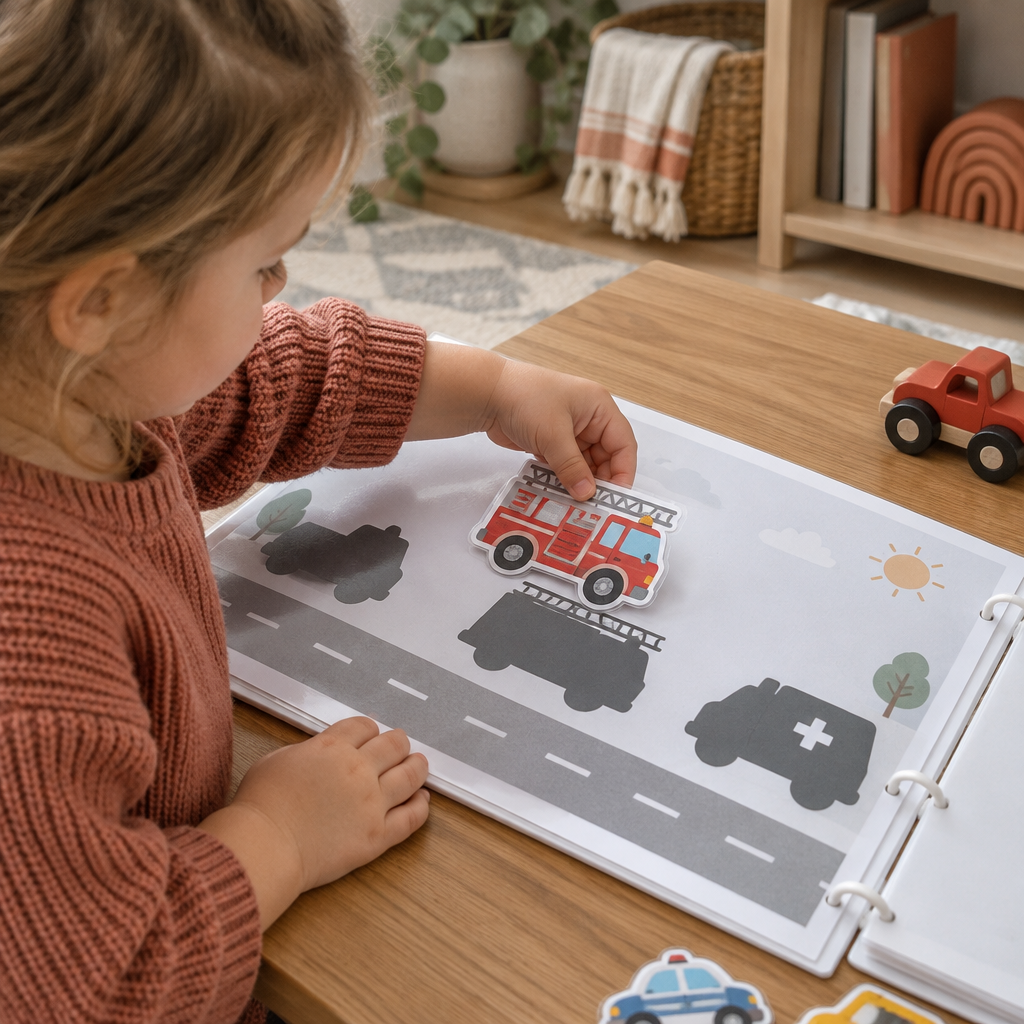 Preschooler matching a fire truck piece