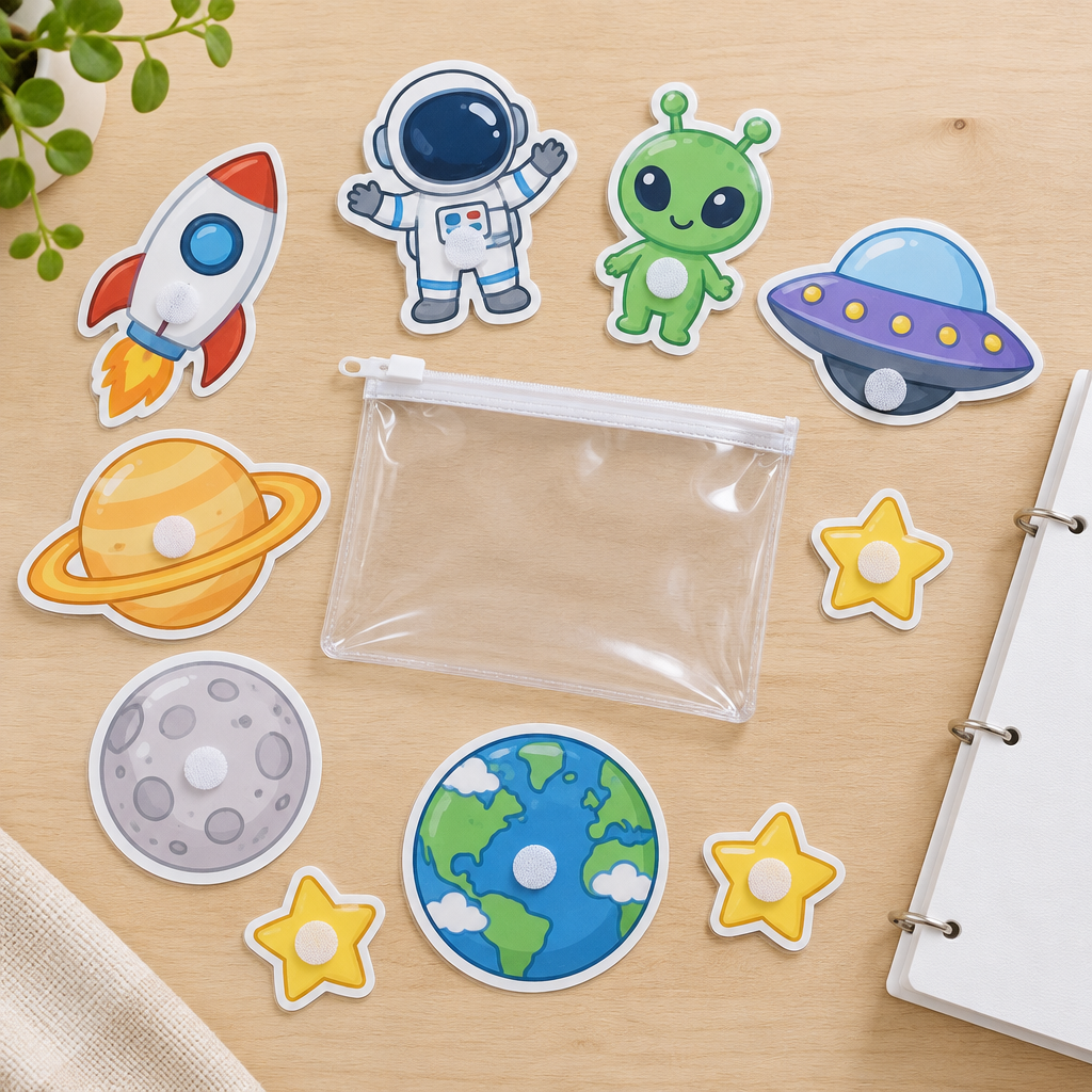 Space pieces with velcro dots