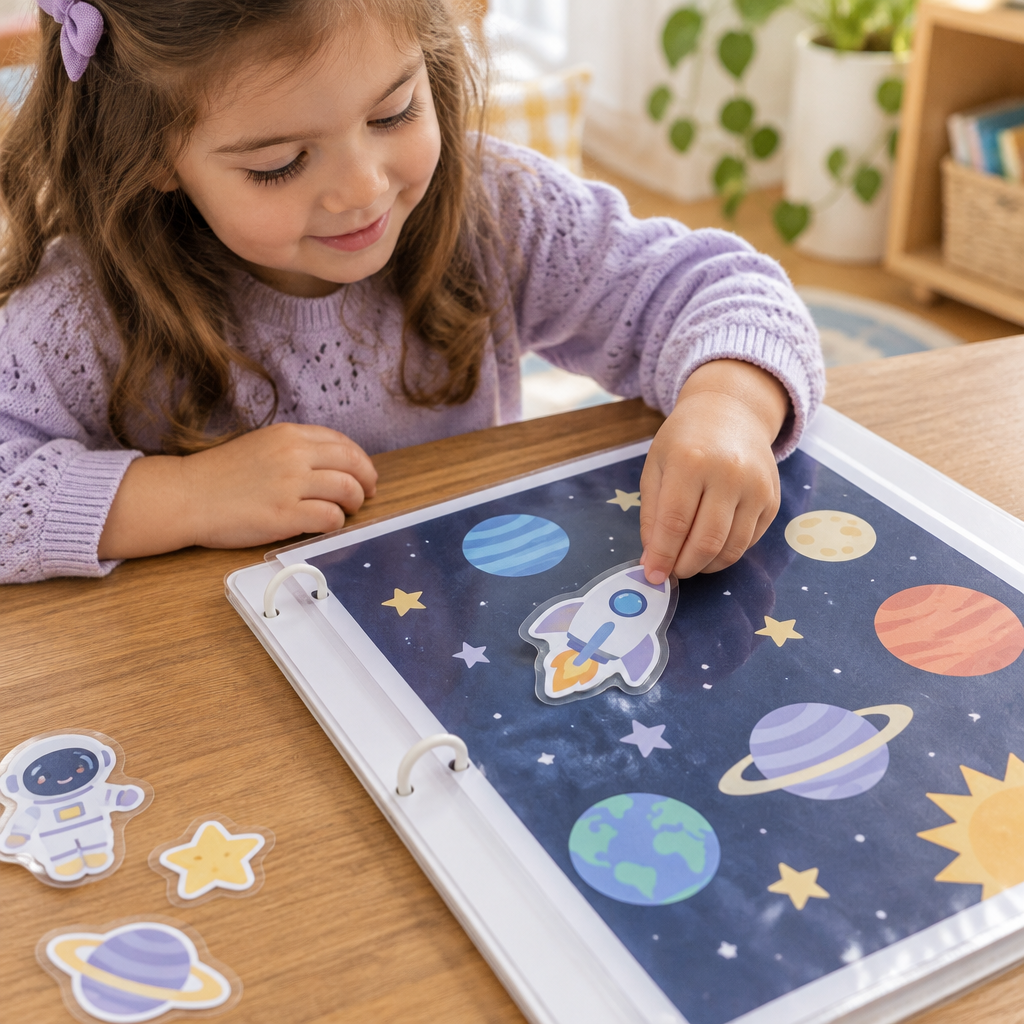 Preschooler matching a rocket piece